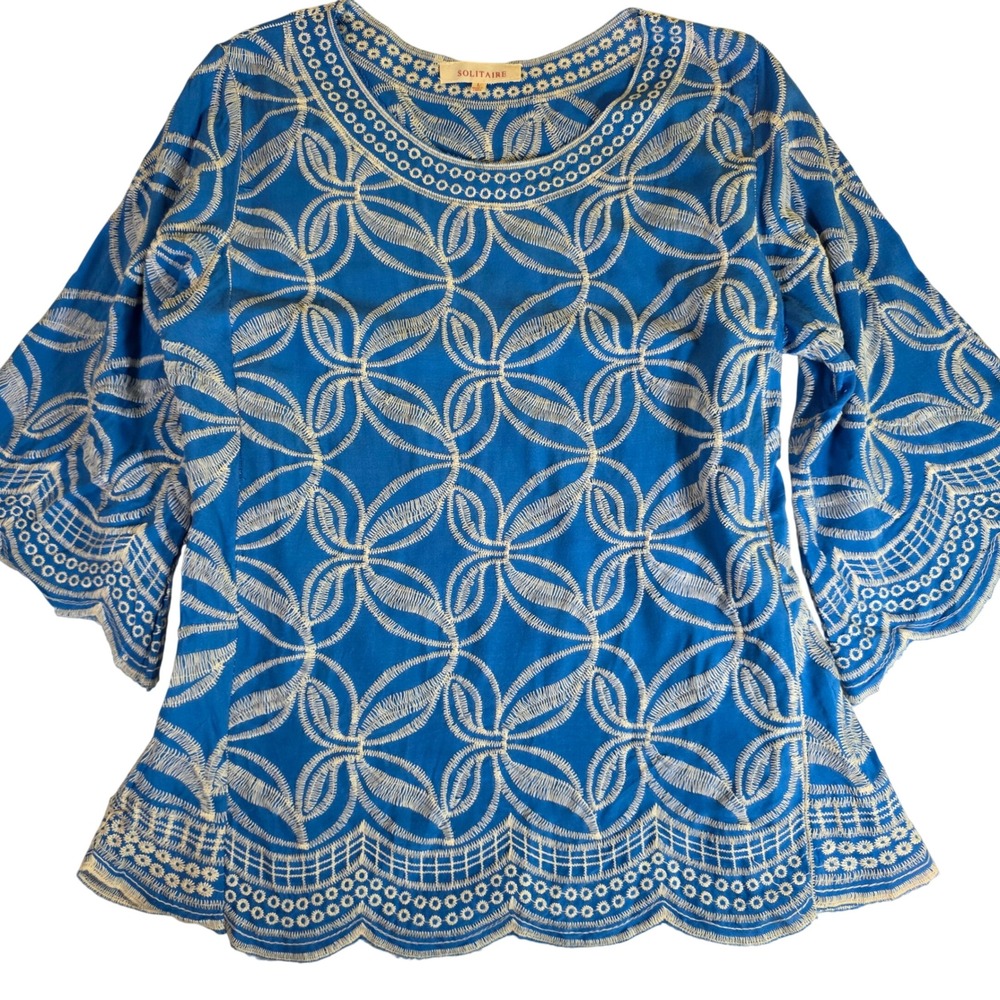 SOLITAIRE Womens L Blue Embroidered Bell Sleeve Blouse Top Coastal Boho